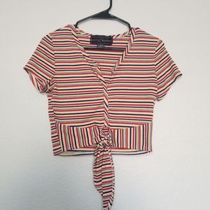 Striped Colorful Front Tie Cropped Shirt